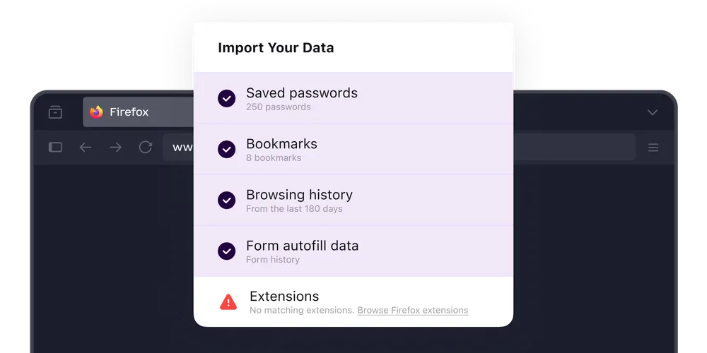 Firefox 深色窗口中的 Import Your Data 面板
