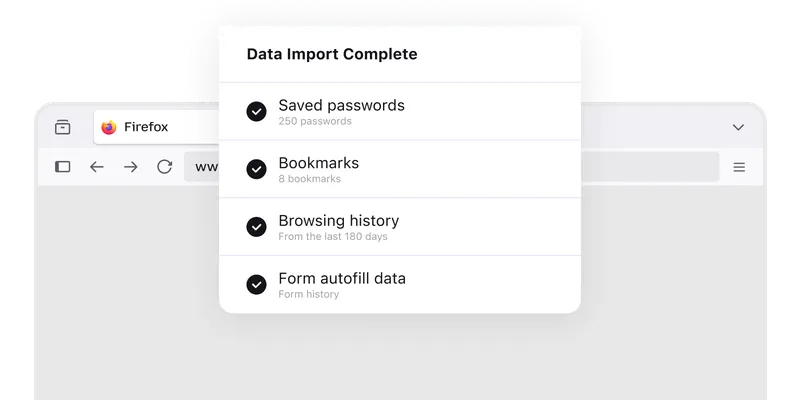 Firefox 窗口中的数据导入完成弹窗